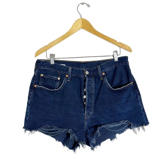 Levi's 501 Dark Blue Cut Off Denim Jean Shorts sz W32 - Picture 1 of 6